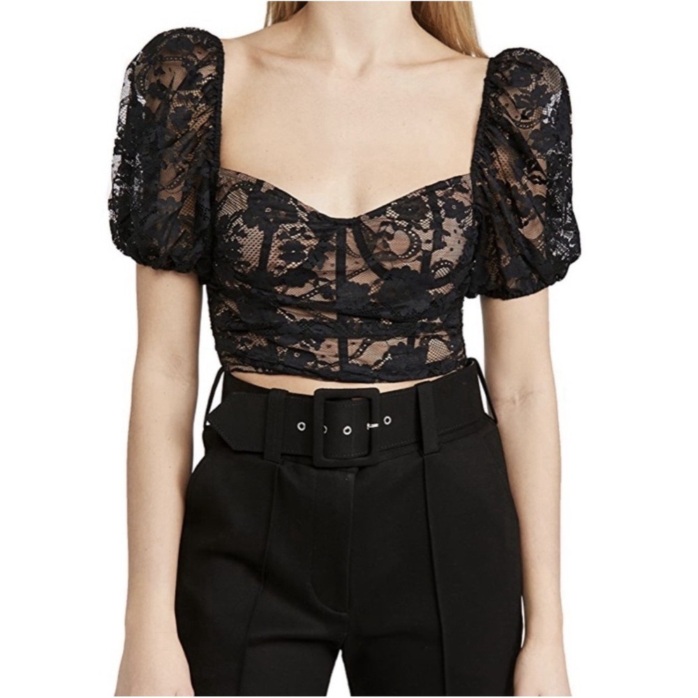 For‎ Love & Lemons Rosalie Black Puff Sleeve Lace Bustier Crop Top Size XS